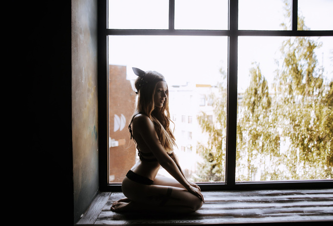 Taniashka Vasilisimusovna, women, blonde, headband, ass, window, wooden surface, long hair, kneeling, tattoos, looking away, black lingerie