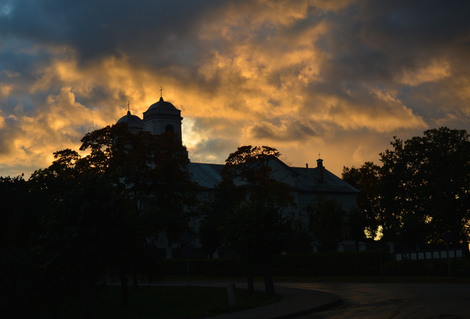 sunrise, church, sky