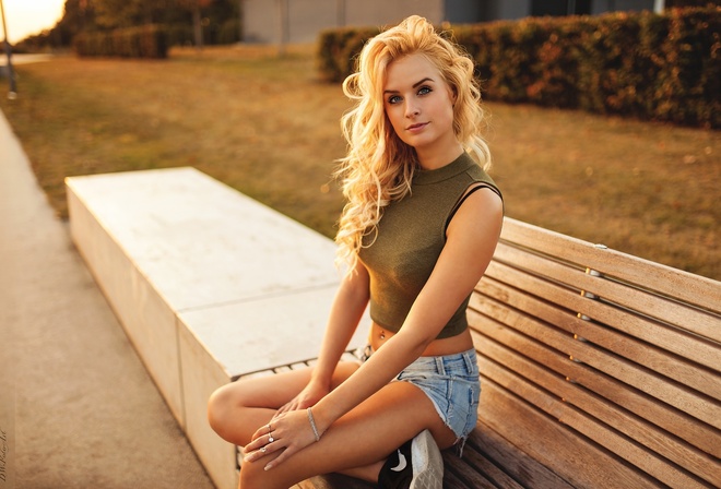 women, blonde, sitting, sneakers, sunset, bench, portrait, jean shorts, blue eyes, pierced navel