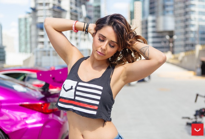 Tianna Gregory, women, model, brunette, women outdoors, car, T-shirt, pants, jeans, belly, closed eyes, tattoo, armpits, city, urban, hands on head, portrait, depth of field