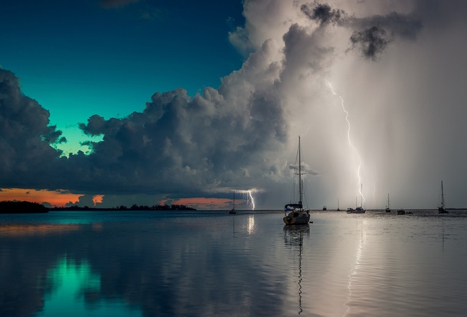 Blue, Boats, Clouds, Lightning, Ocean, Rain, Red, Reflection, Sky, Storm, Summer, Sunset, Water, Alexandr Popovski