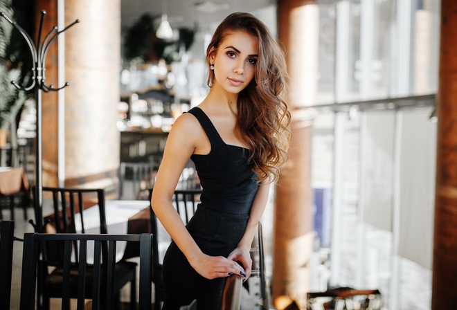 women, portrait, black dress, table, chair, wavy hair, painted nails, depth of field