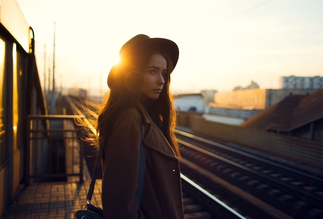 women, portrait, sunset, sunlight, hat, railway, looking away