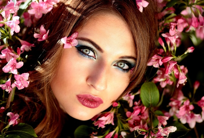 девушка, цветы, розовый, голубые глаза, красота, весна