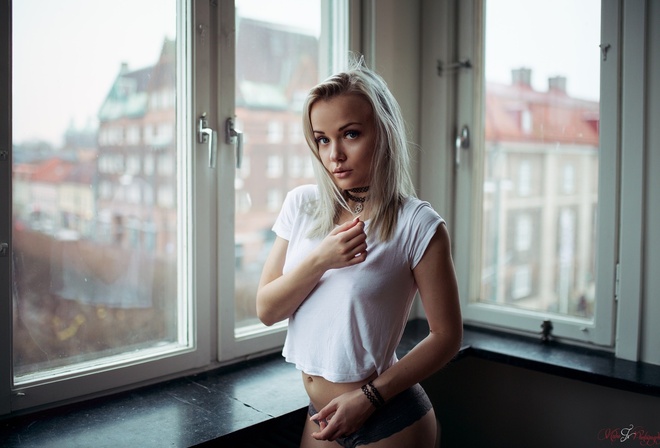 Alicja Sedzielewska, women, blonde, window, portrait, choker, belly, T-shirt, black panties, brunette, looking at viewer