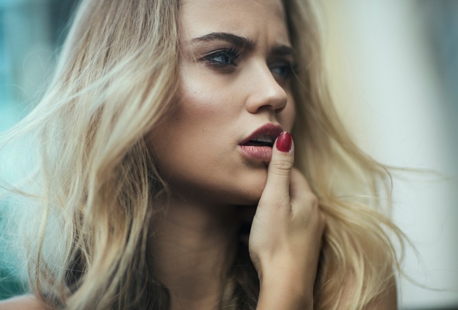 women, blonde, face, red nails, open mouth, looking away, depth of field, portrait