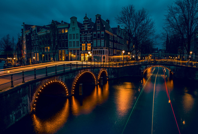 Amsterdam, Голландия, Амстердам, Нидерланды, каналы, мосты, ночь