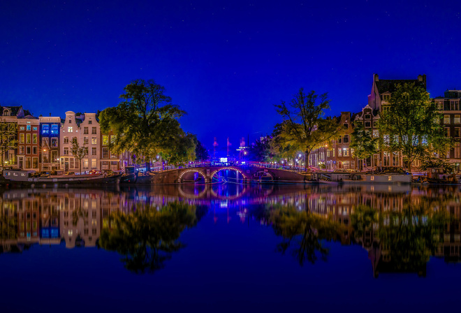 Amsterdam, Голландия, Амстердам, Нидерланды, ночь, мост, огни