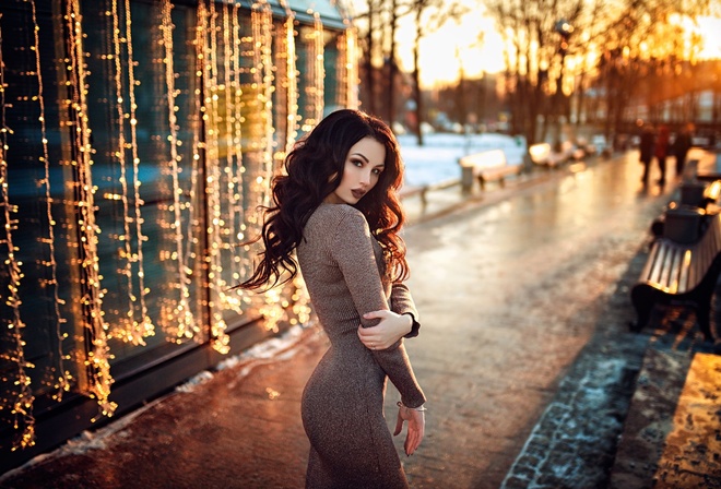 Margarita Jvoryj, women, dress, portrait, women outdoors, depth of field, sunset