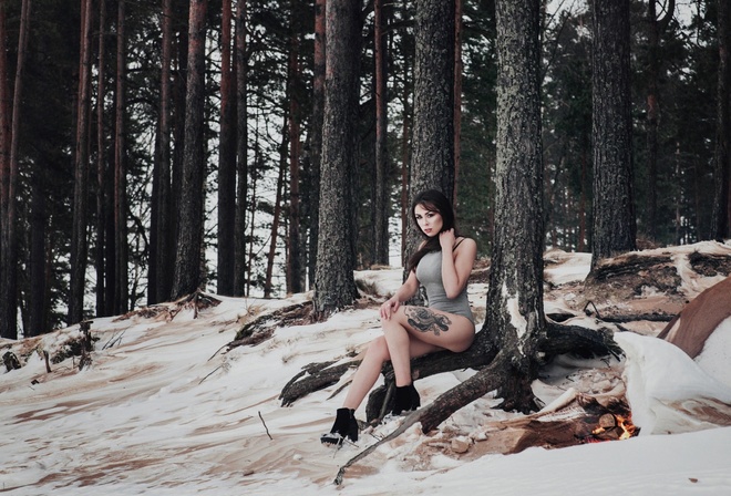 women, trees, sitting, tattoo, snow, brunette, women outdoors, ass, one-piece, Elena Shum