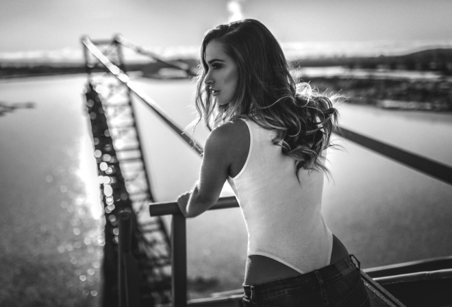 women, back, women outdoors, leotard, pants, jeans, water, one-piece, monochrome, depth of field, Miro Hofmann