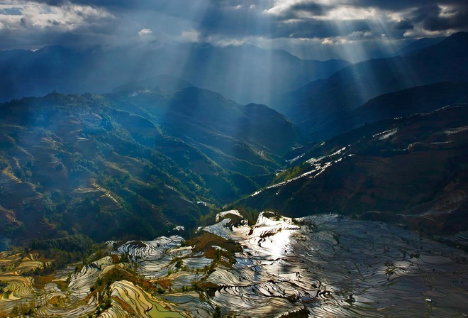 Yuanyang, террас, горы, солнечные лучи, рисовые поля, Китай, природа