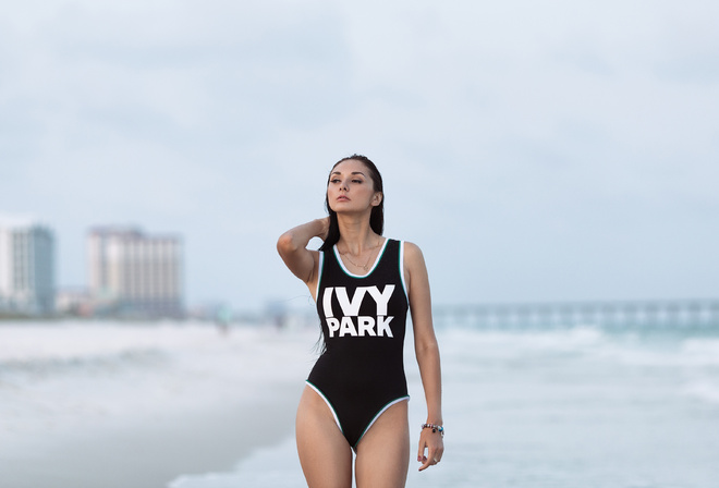 women, one-piece swimsuit, portrait, brunette, depth of field, sea, water drops, wet hair, wet body, women outdoors