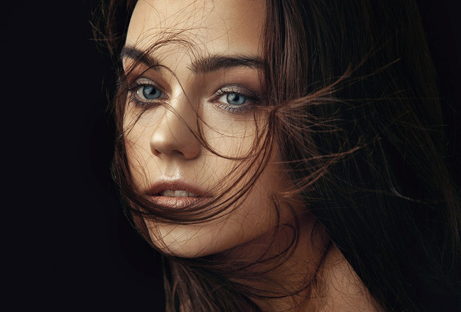 face, portrait, women, black background, blue eyes, hair in face