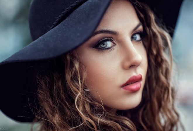 women, Alessandro Di Cicco, face, portrait, hat, depth of field