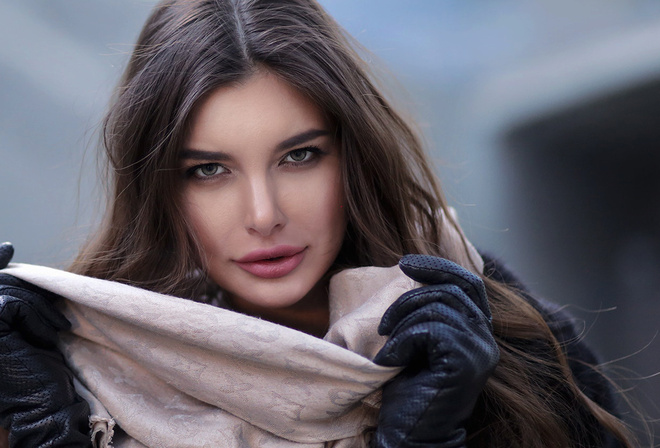 women, face, portrait, depth of field, gloves, scarf