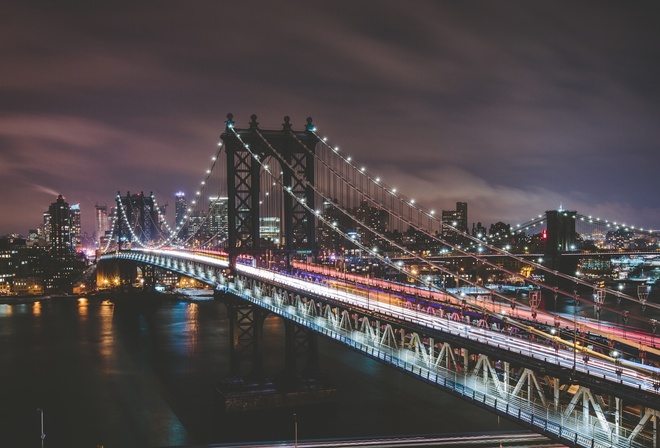 Нью-Йорк, США, город, мосты, вечер, огоньки