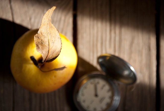 часы, желтое, листочек, фрукт, яблоко, листик, Макро