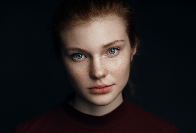 women, face, portrait, black background, blue eyes, freckles