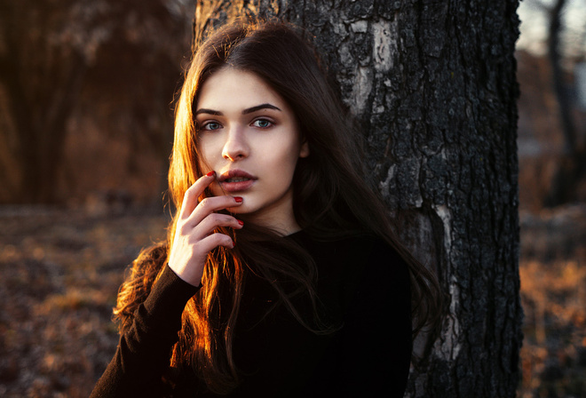 women, face, portrait, women outdoors, trees, depth of field