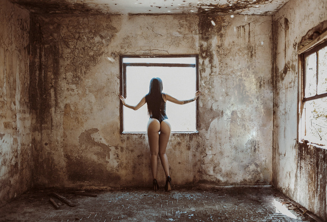 women, ass, tanned, window, the gap, tattoo, abandoned, leotard, back, high heels