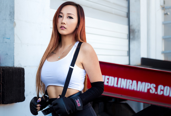 women, Asian, suspenders, portrait, gloves, dyed hair, necklace, tattoo, painted nails, eyeliner
