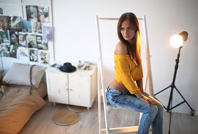 Aniuta Minailova, women, tanned, portrait, sitting, belly, looking away, room, red nails, pants, jeans