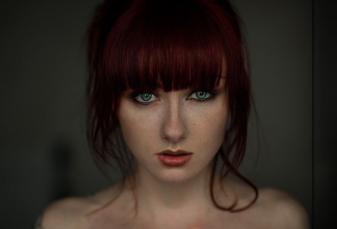 women, face, portrait, tattoo, bare shoulders, green eyes, dyed hair