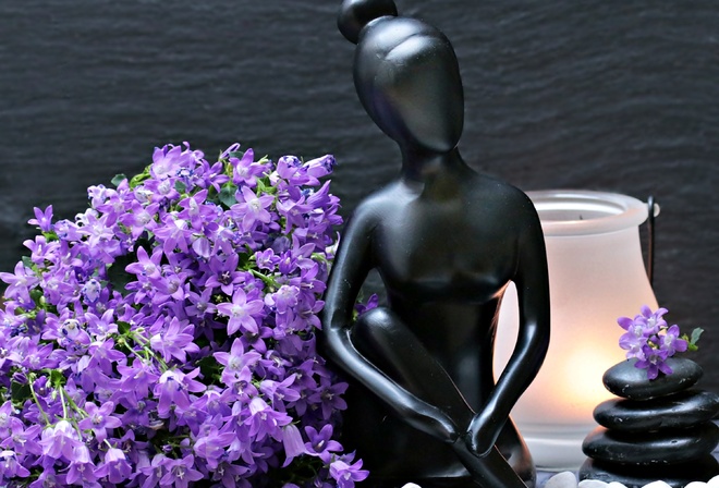 цветы, фигурка, статуэтка, женщина, камни, лампа