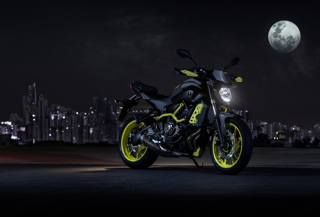 Yamaha, MT 07, ночь, мотоцикл, луна