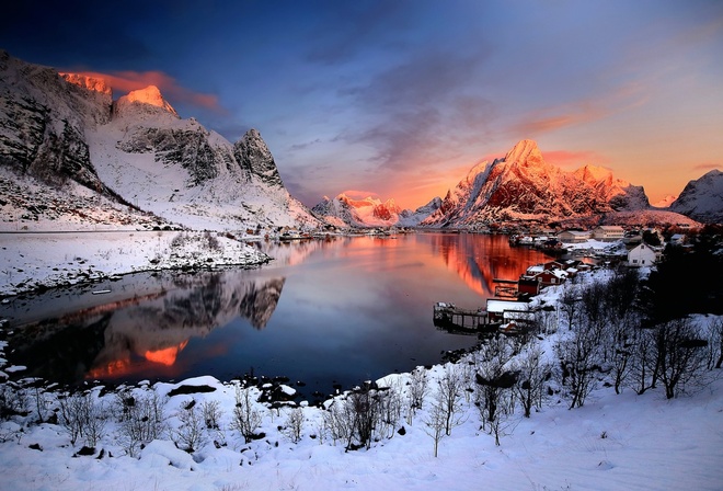Норвегия, закат, зима, снег, дома, озера, горы