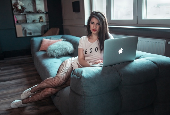 Anna Wolf, women, sitting, sneakers, fishnet stockings, T-shirt, laptop, couch, jean shorts, red lipstick