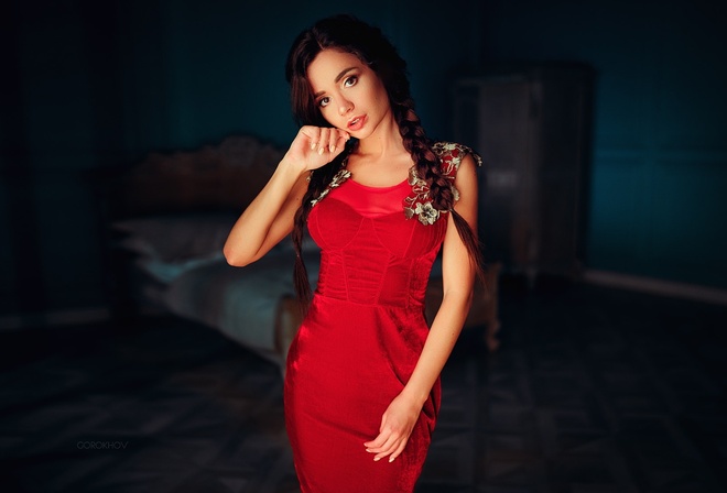 women, pigtails, red dress, Ivan Gorokhov, portrait