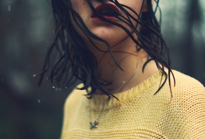 girl, brunette, hair, wet, rain, water