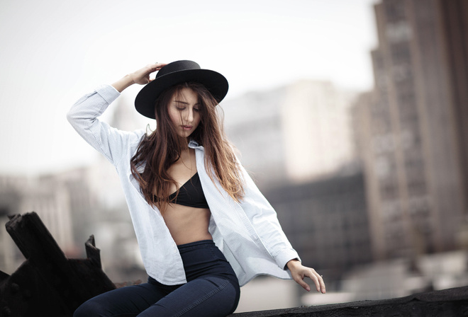 women, portrait, hat, pants, jeans, black bras, shirt, open shirt, depth of field, sitting