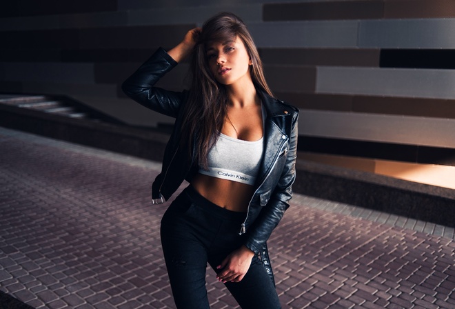 Daria Kudiolko, women, tanned, portrait, leather jackets, Calvin Klein