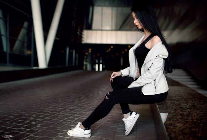 women, portrait, sitting, brunette, black hair, sneakers, T-shirt, depth of field, sweater, pants, black clothing