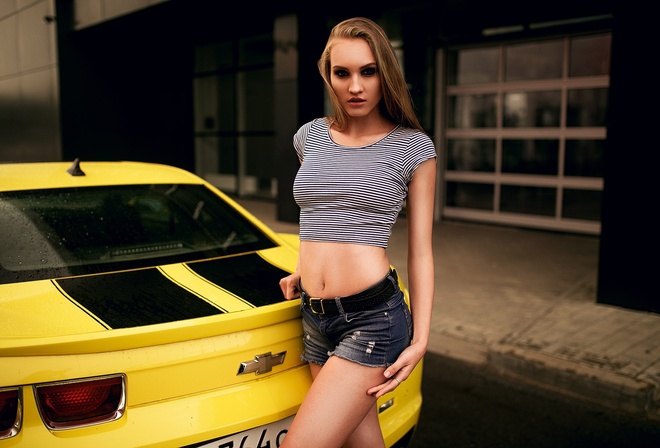 women, blonde, jean shorts, Camaro, women outdoors, portrait, brunette, car, belly