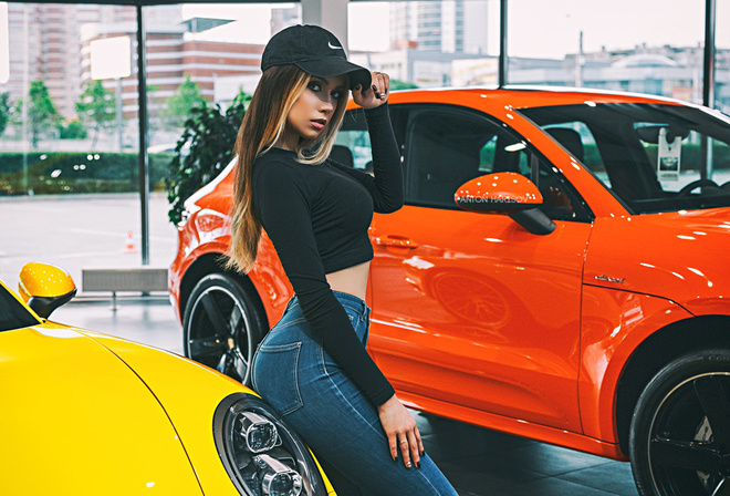 women, Fotoshi Toshi aka Anton Harisov, Anton Harisov, baseball caps, car, portrait, blonde, pants, jeans