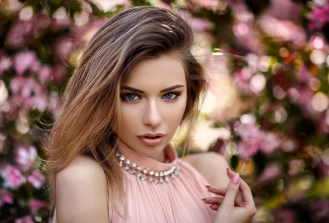 women, blonde, portrait, face, depth of field, pearl necklace