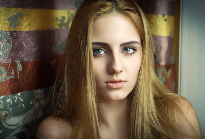 women, blonde, face, portrait, green eyes