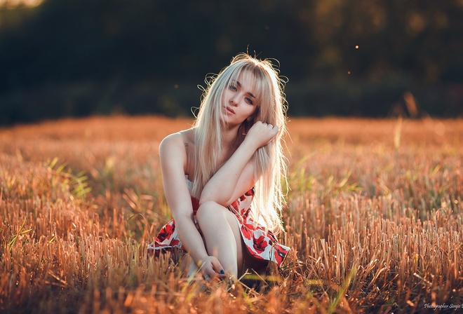 women, blonde, dress, sitting, depth of field, women outdoors, portrait