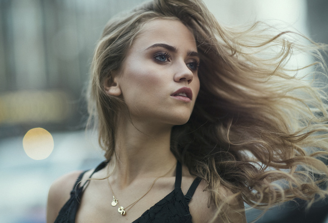 women, blonde, portrait, necklace, depth of field, blue eyes