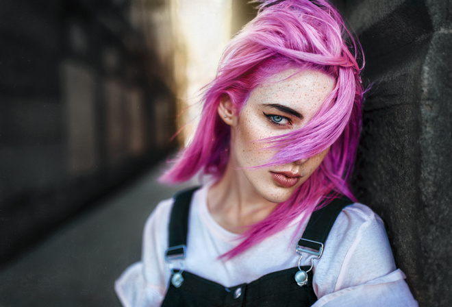 women, face, pink hair, depth of field, hair in face, blue eyes, freckles, overalls, eyeliner