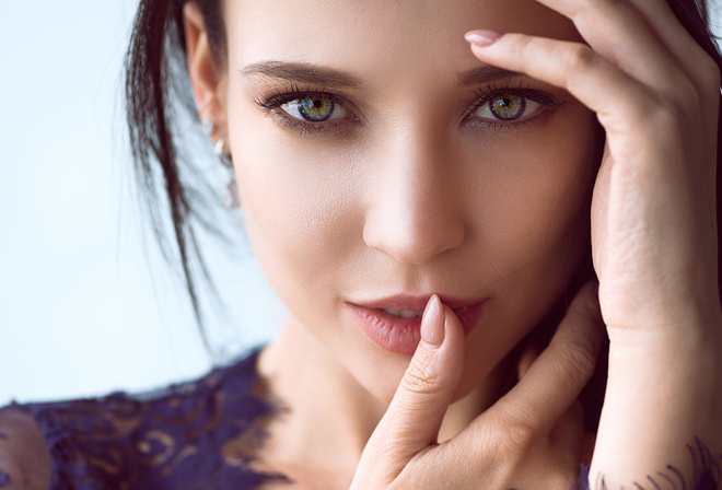 Angelina Petrova, women, face, portrait, model, closeup, finger on lips