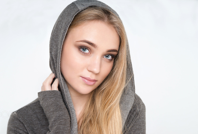 women, blonde, face, portrait, white background, hoods