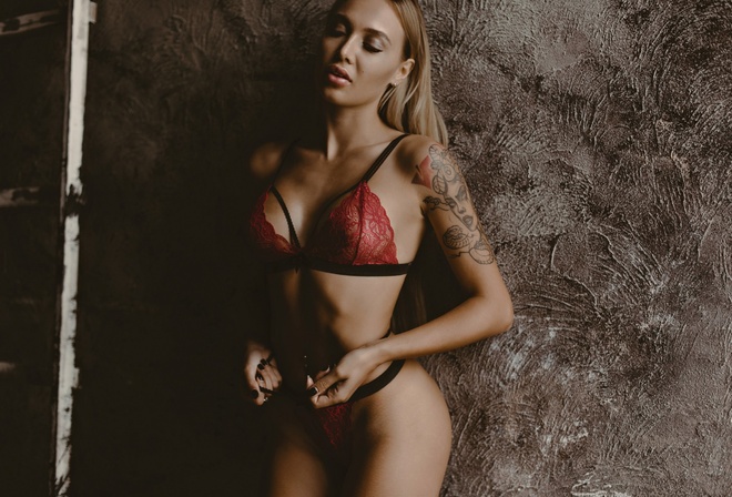 women, blonde, tanned, tattoo, red lingerie, portrait, pierced navel, wall, belly, black nails