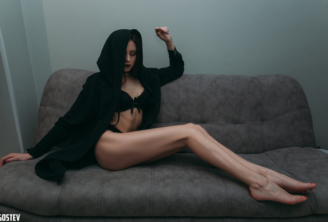 women, couch, black lingerie, hoods, sitting, closed eyes