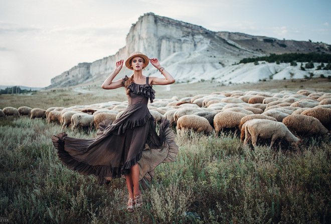 women, dress, Evgeny Freyer, high heels, hat, sheep, animals, women outdoors