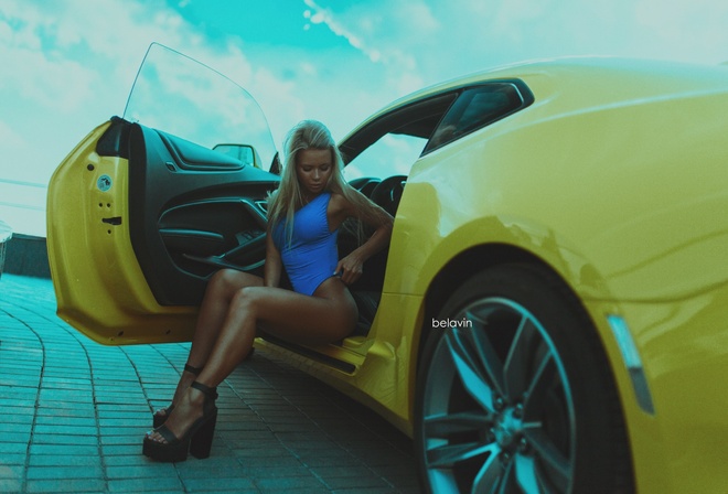 women, Alexander Belavin, tanned, women with cars, sitting, blonde, one-piece swimsuit